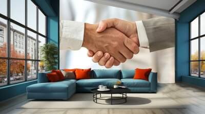 detailed photo of a handshake between two business people with a blurred white background, symbolizing successful partnerships and agreements Wall mural